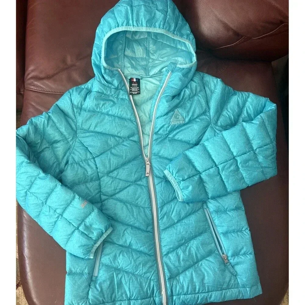 Gerry Kids Ultra Light Hooded Jacket Large (14-16) Turquoise Blue Fillpower 600
